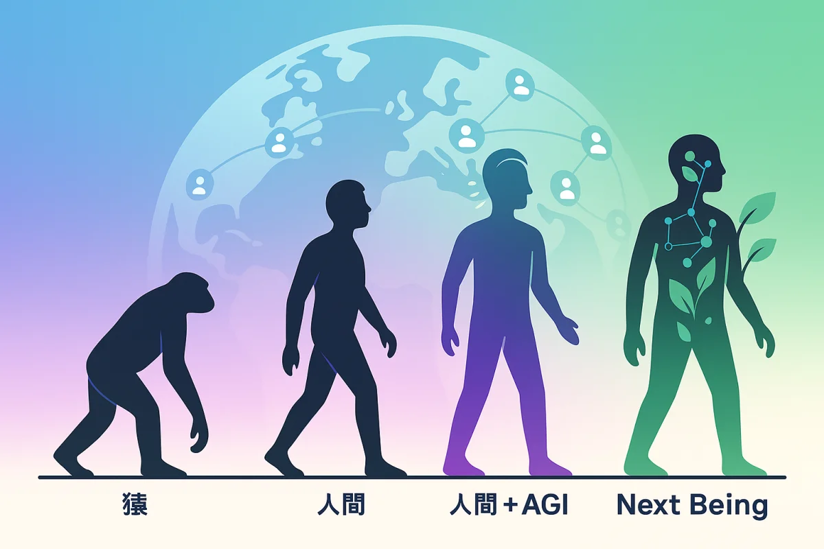 猿→人間→人間＋AGI→Next Being（AGIで人類・地球がつながるイメージ）