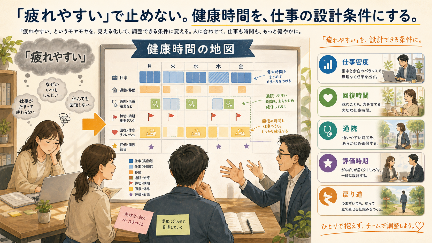 「疲れやすい」で止めない。健康時間を、仕事の設計条件にする。の読者の問いを、仕事条件の見方へ読み替える流れをイラストで示すインフォグラフィック