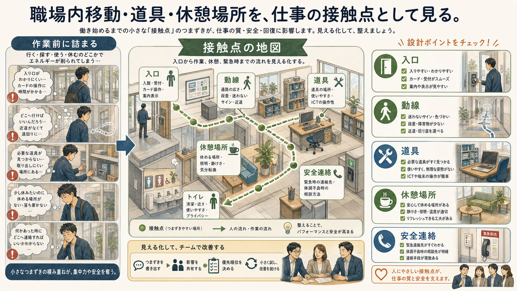移動や道具を仕事接触点として見る図解