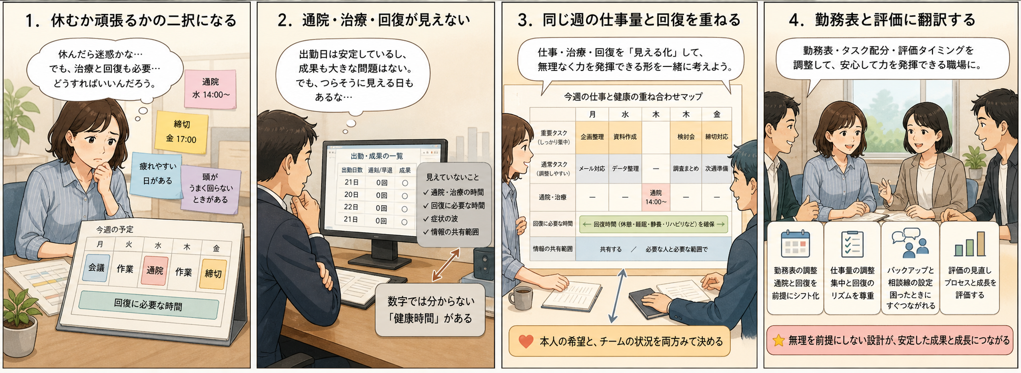 通院、治療、回復、仕事量、評価タイミングを同じ週の勤務表へ翻訳する4コマ