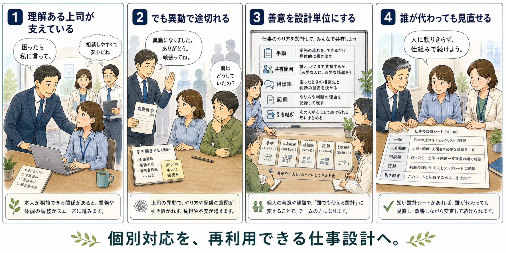 理解ある上司の個別対応を、誰が代わっても見直せる仕事設計へ変える4コマ