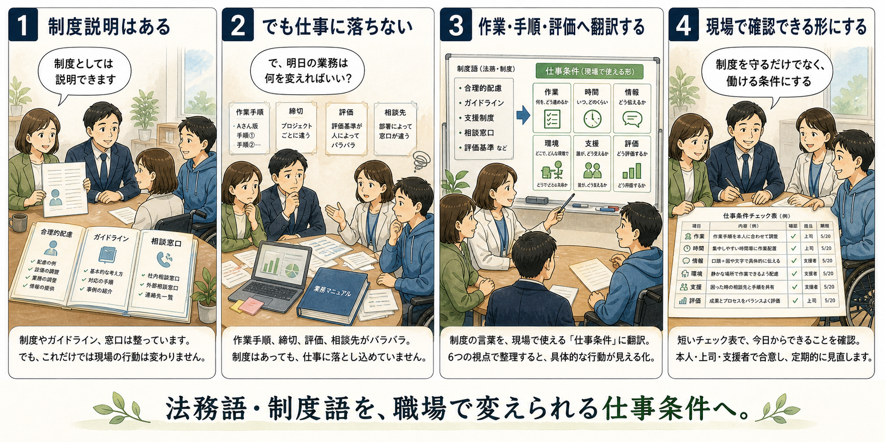 合理的配慮や制度語を作業、手順、情報、環境、支援、評価へ翻訳する4コマ