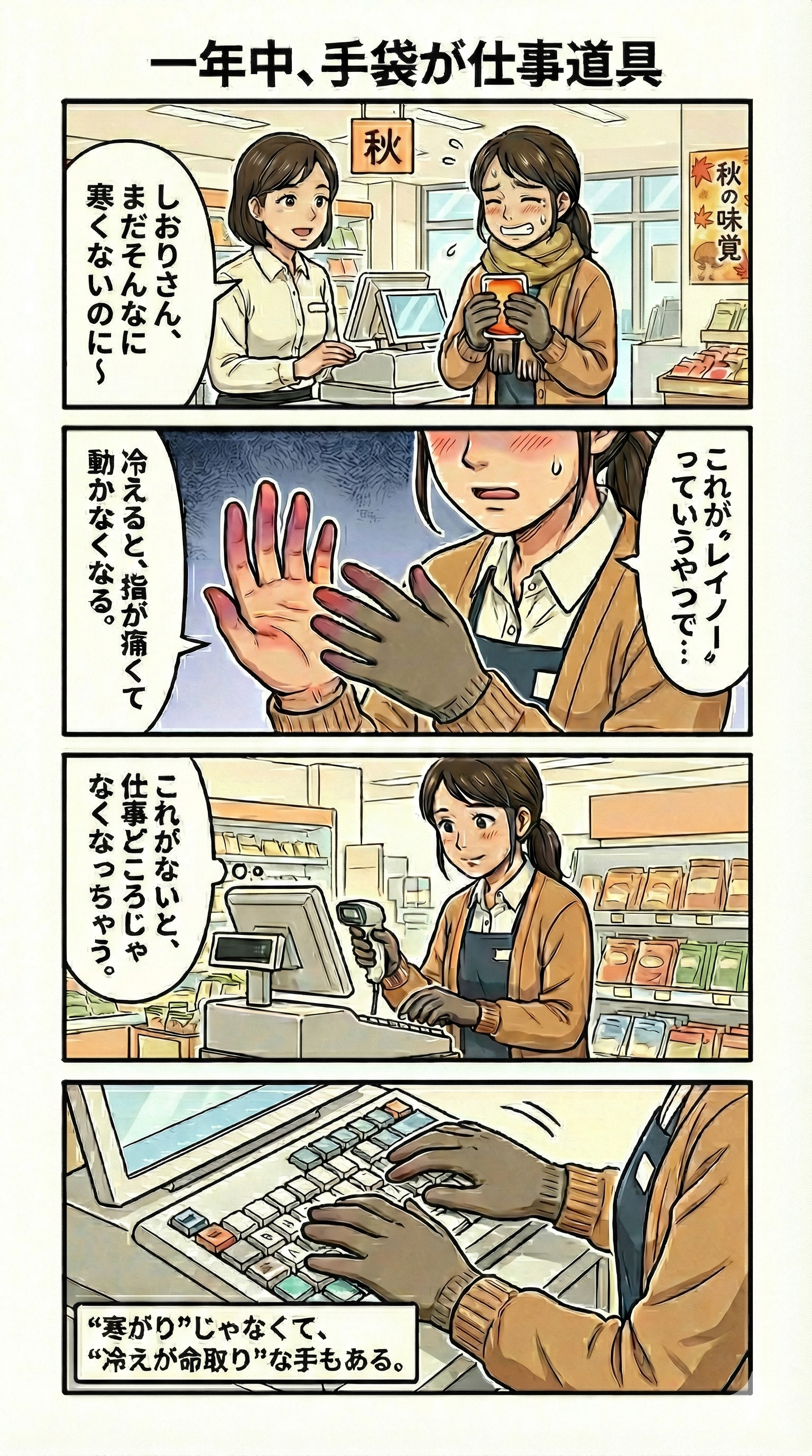 手袋が必要な場面を示す膠原病4コマ