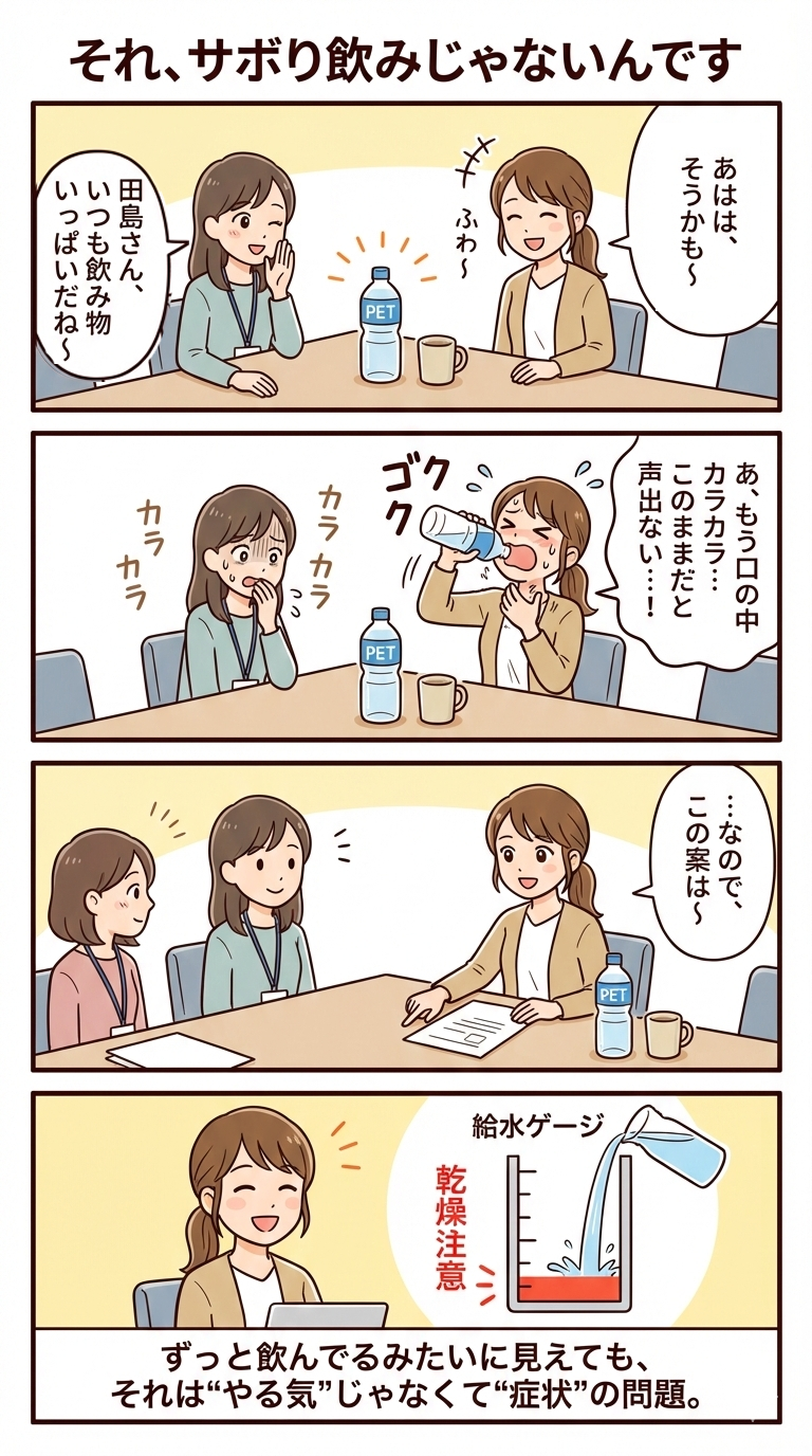 水分が必要な会議場面を示す膠原病4コマ