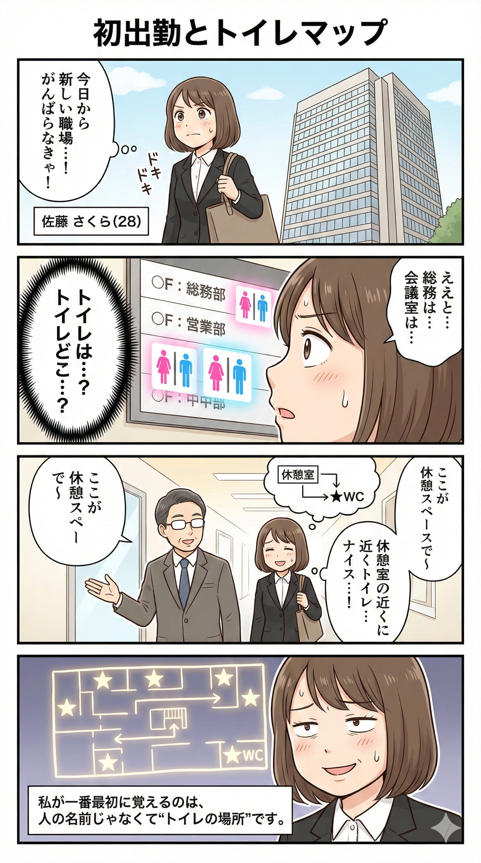 初出勤とトイレマップを示すIBD4コマ