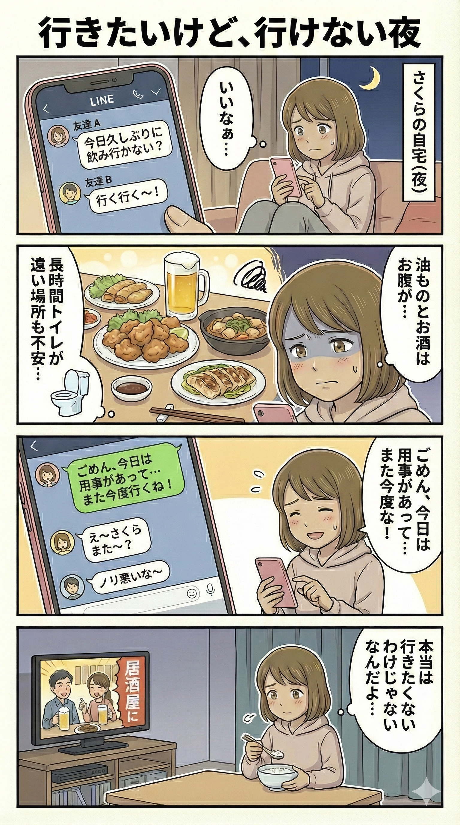 行きたいけど行けない夜を示すIBD4コマ