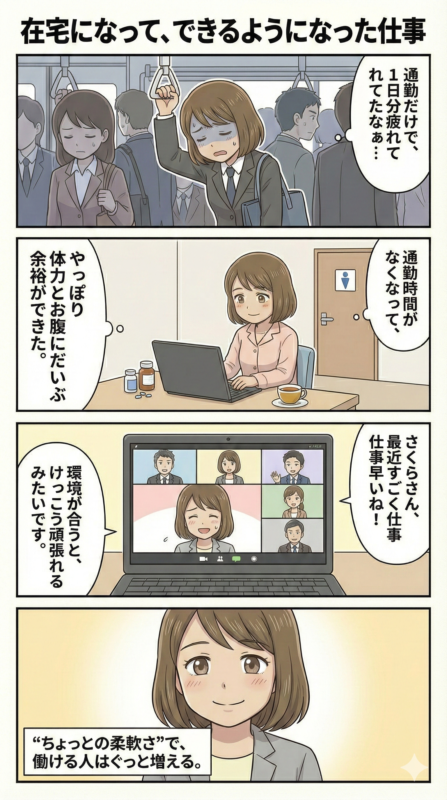 在宅勤務になって変わったことを示すIBD4コマ