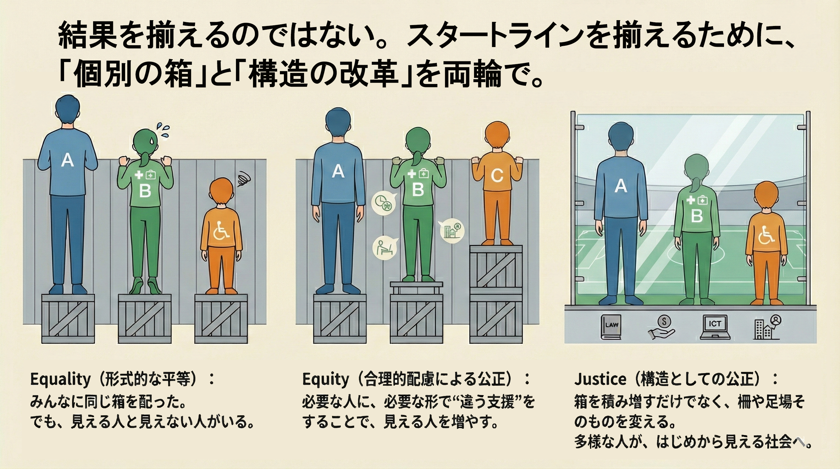 Equality, Equity, Justiceの違いを示す図解