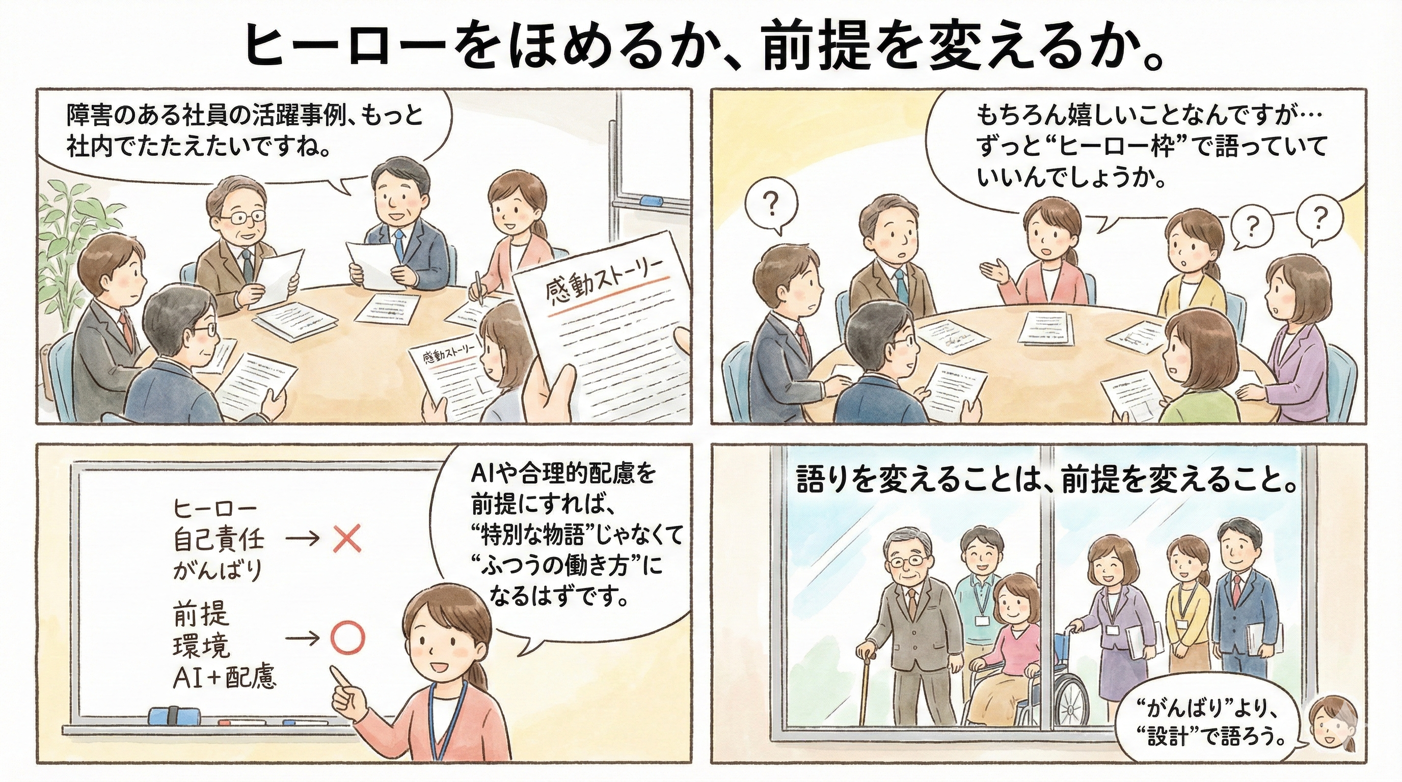 ヒーロー化ではなく前提を変えることを示す漫画