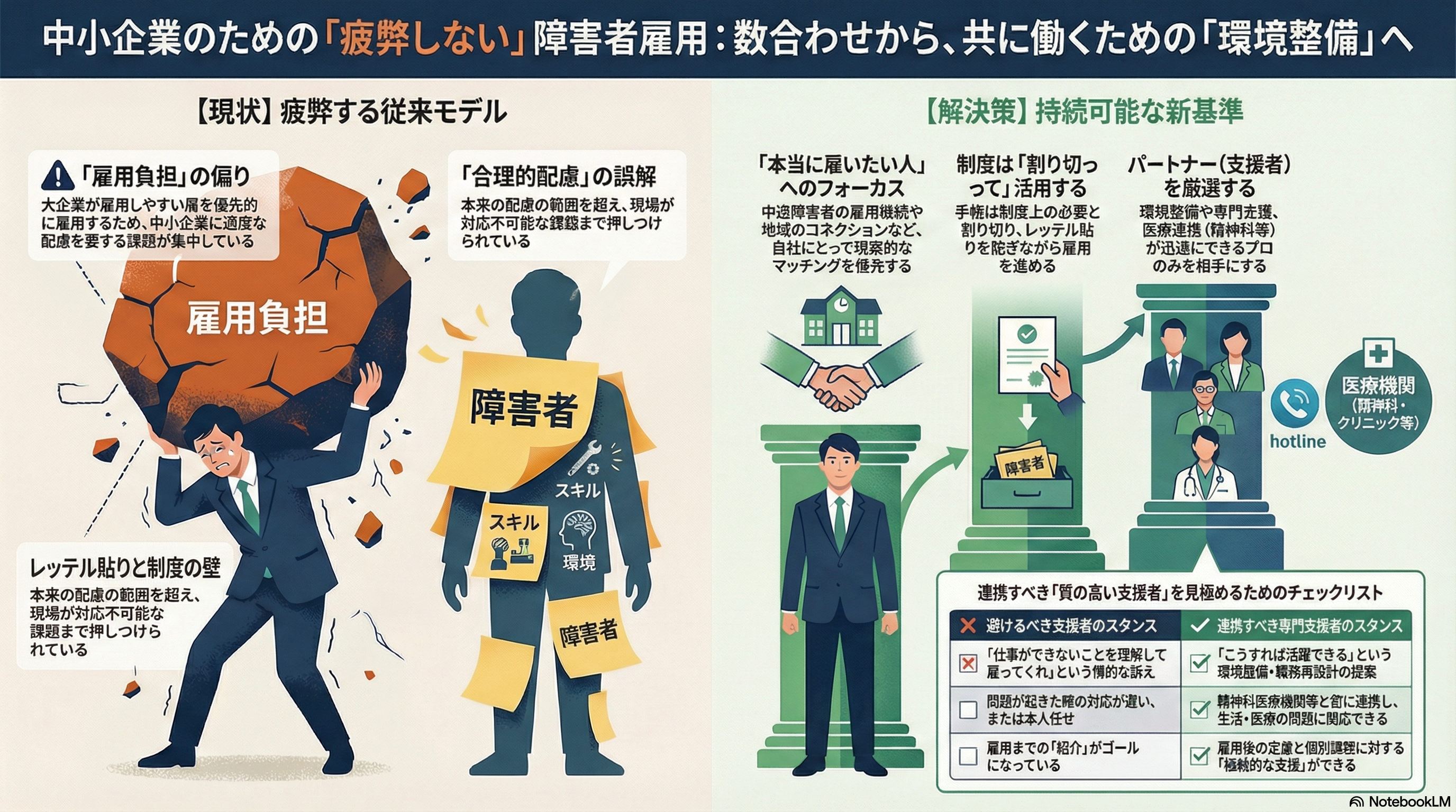 疲弊しない障害者雇用の考え方を示す図解
