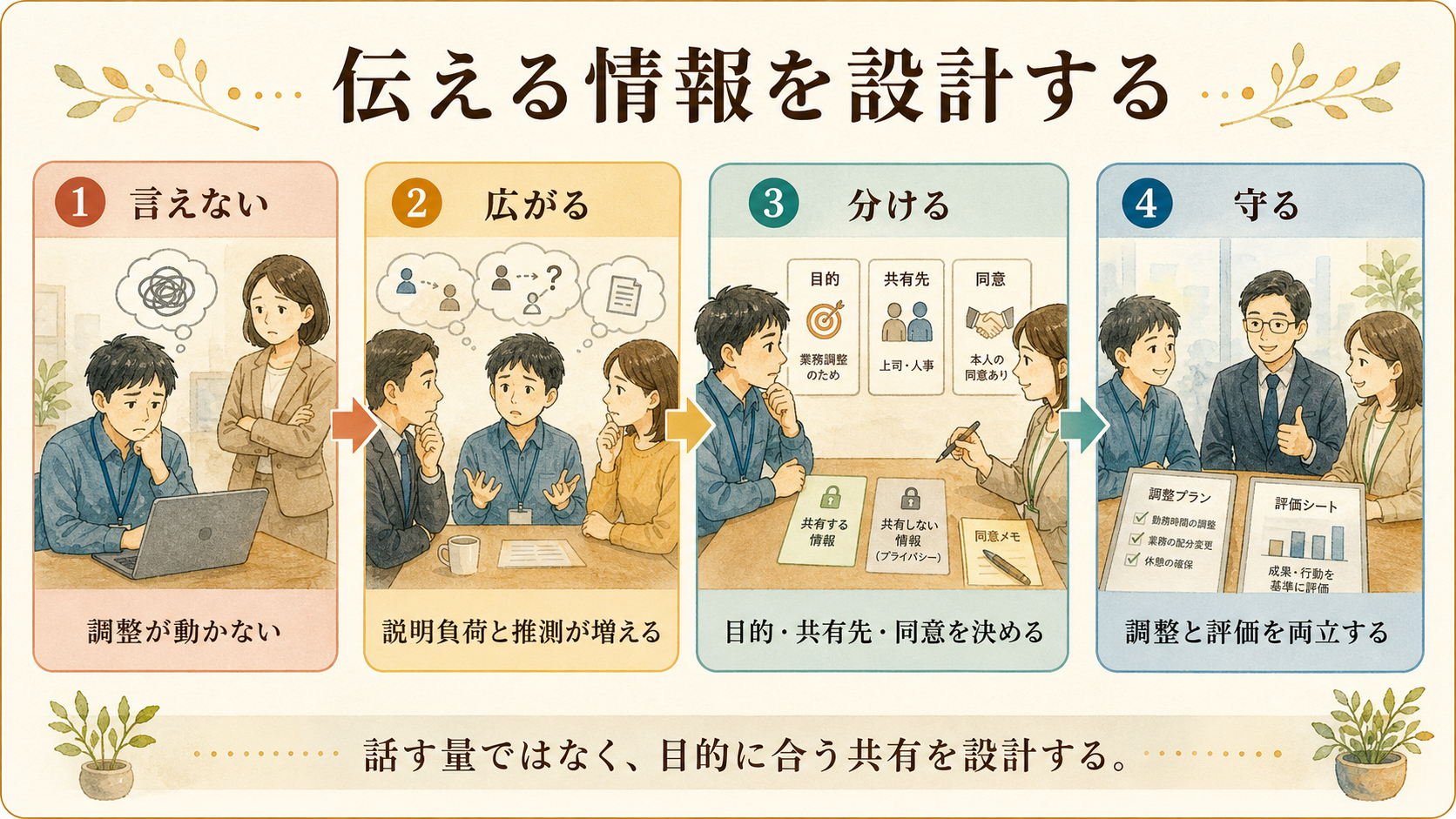 伝える情報を設計する。調整が動かない状態から、調整と評価を両立する状態までを示す図解カード。
