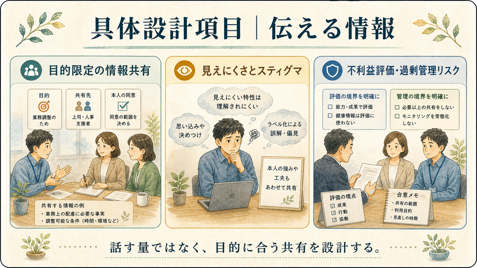 具体設計項目、伝える情報。目的限定の情報共有、見えにくさとスティグマ、不利益評価・過剰管理リスクを示す図解ボード。