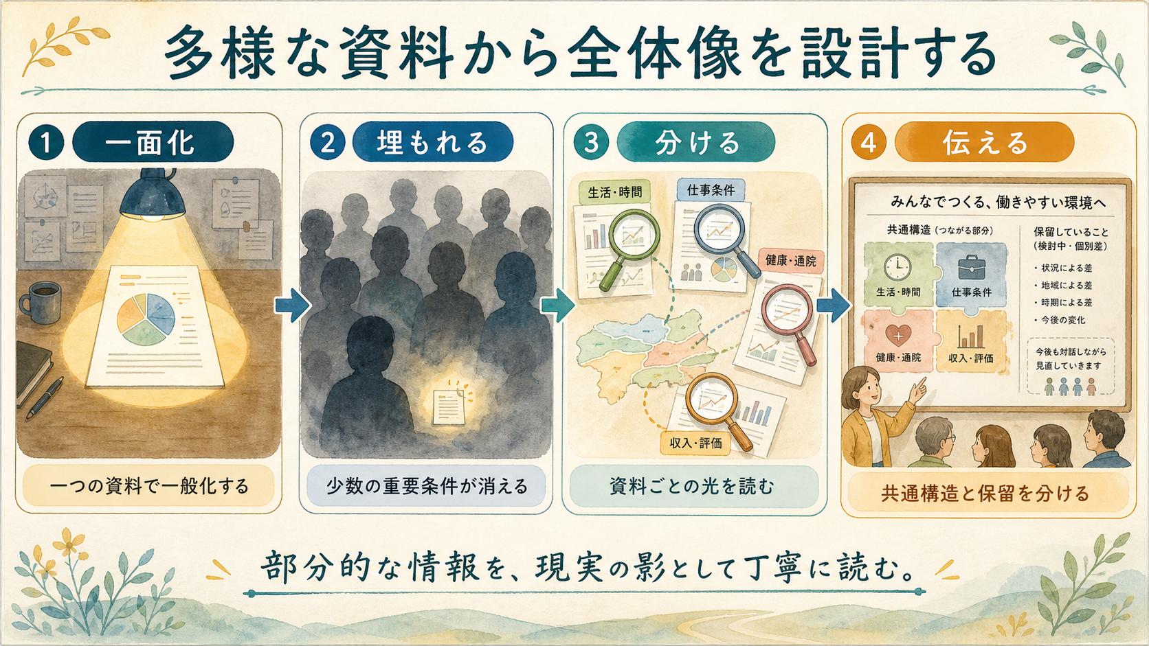多様な資料から全体像を設計する。一つの資料で一般化する状態から、共通構造と保留を分けて伝える状態までを示す図解カード。