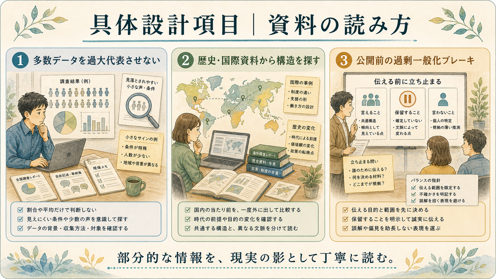 具体設計項目、資料の読み方。多数データを過大代表させない、歴史・国際資料から構造を探す、公開前の過剰一般化ブレーキを示す図解ボード。