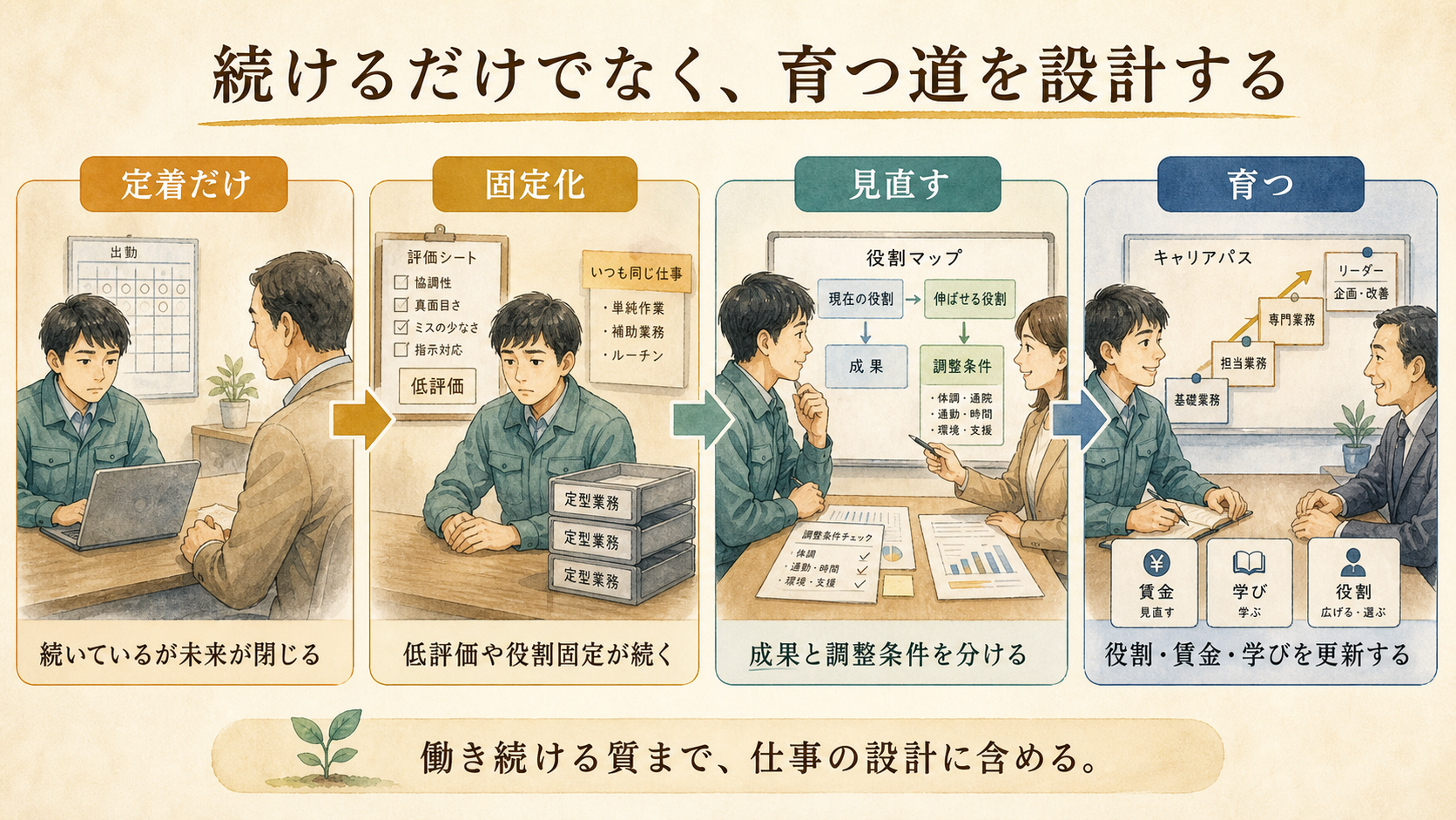 続けるだけでなく育つ道を設計する。定着だけの状態から、役割・賃金・学びを更新する状態までを示す図解カード。