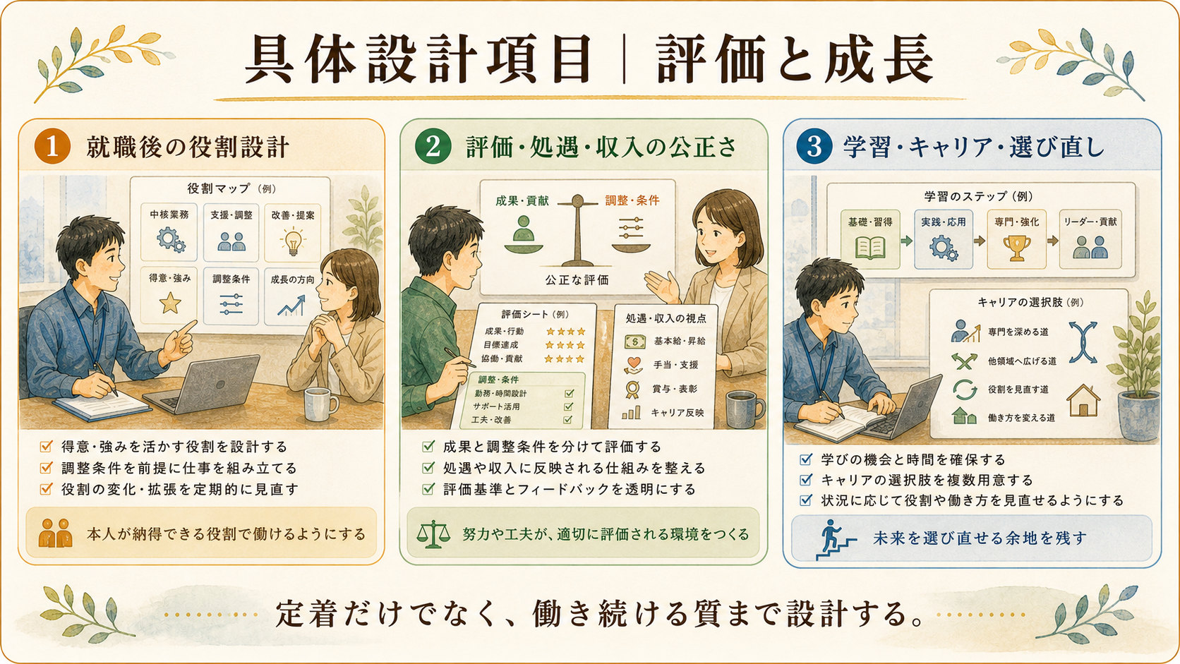 具体設計項目、評価と成長。就職後の役割設計、評価・処遇・収入の公正さ、学習・キャリア・選び直しを示す図解ボード。