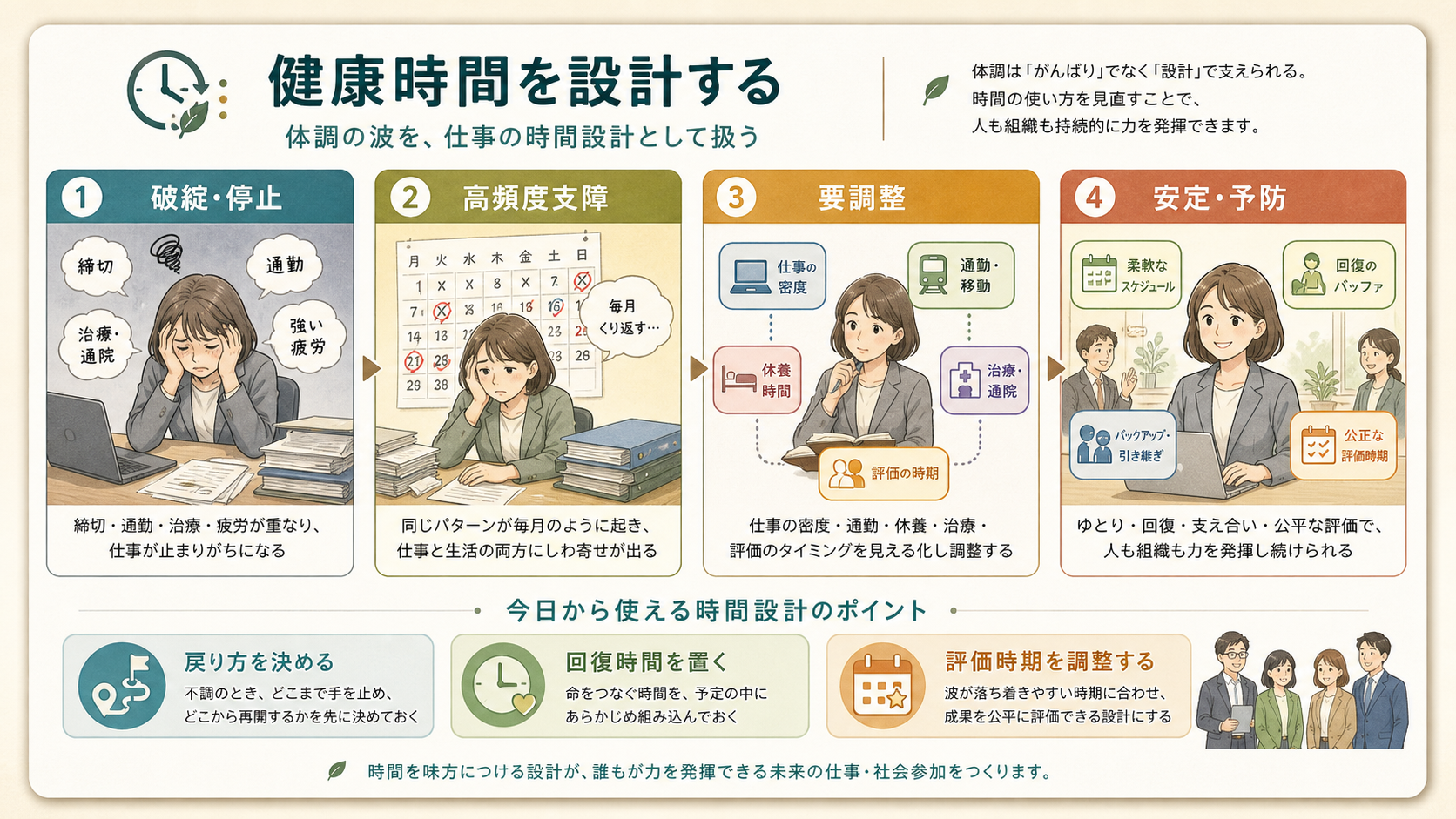 健康時間を設計する。破綻・停止、高頻度支障、要調整、安定・予防の4つの状況レベルを示す図解カード。