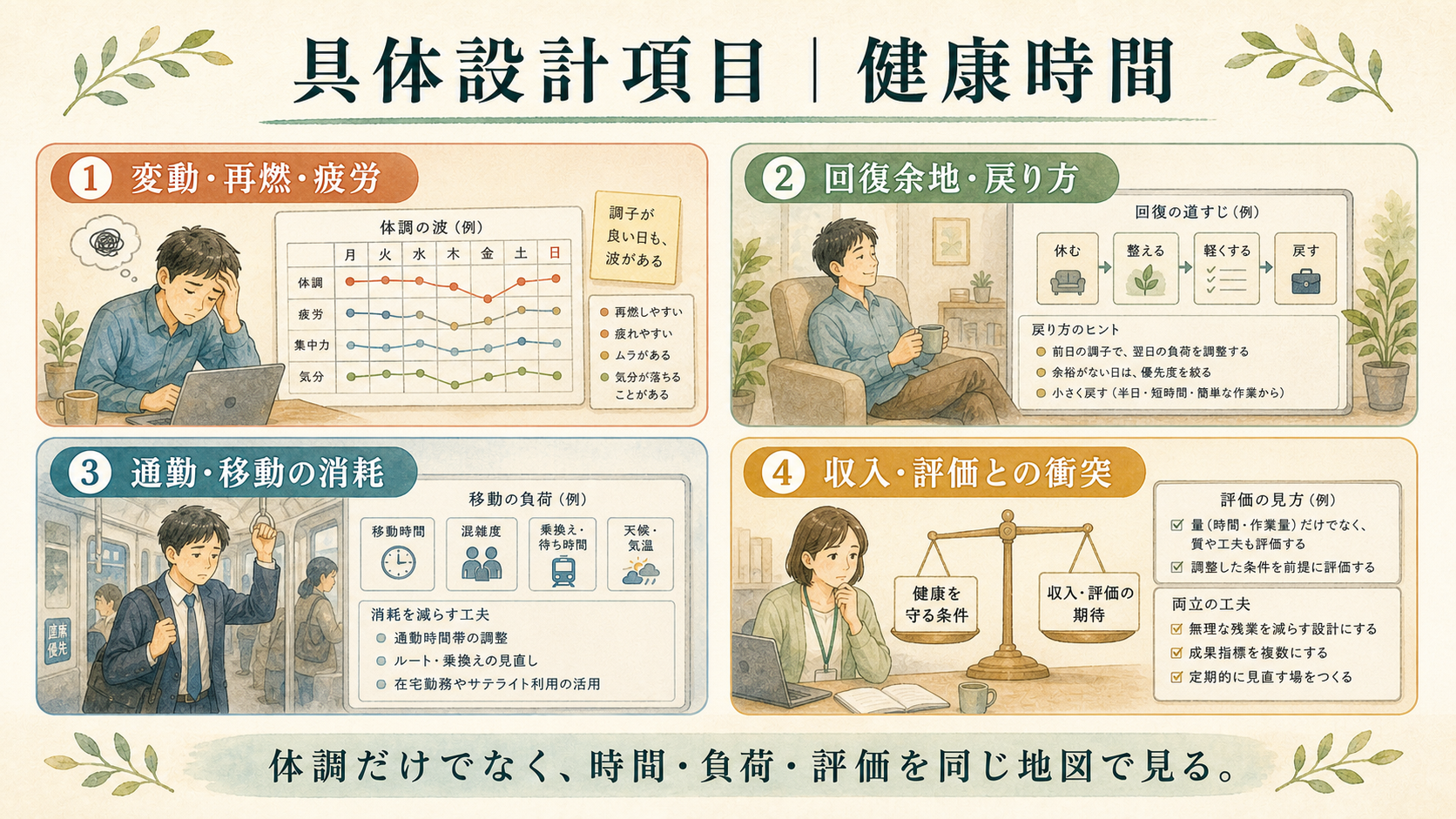 具体設計項目、健康時間。変動・再燃・疲労、回復余地・戻り方、通勤・移動の消耗、収入・評価との衝突を示す図解ボード。