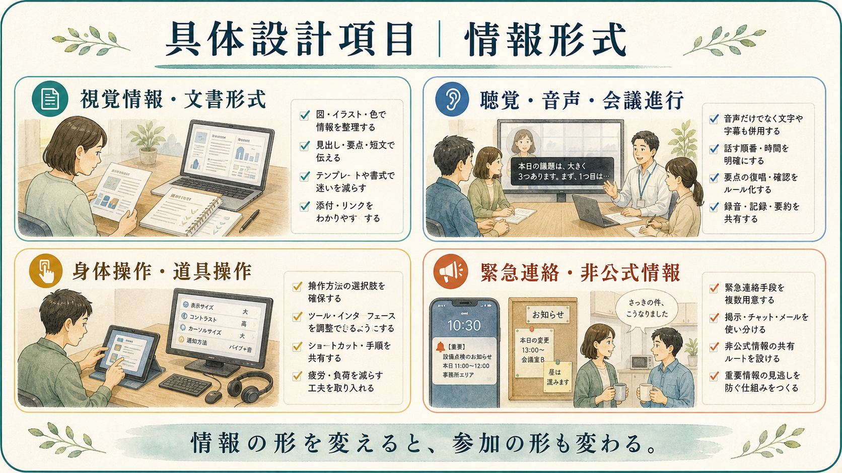 具体設計項目、情報形式。視覚情報・文書形式、聴覚・音声・会議進行、身体操作・道具操作、緊急連絡・非公式情報を示す図解ボード。