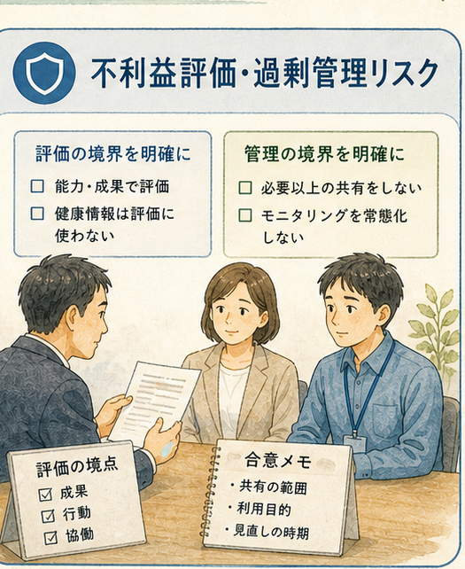 図解1|具体設計項目、不利益評価・過剰管理への転化リスク。開示は支援への橋にもなるが、評価・管理の材料にもなるため、境界を設計する必要がある。