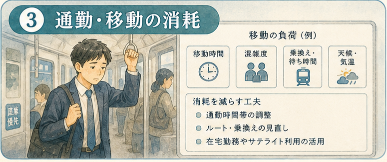 図解1|具体設計項目、通勤・職場外移動が健康時間を消耗する。移動は単なるアクセス手段ではなく、仕事密度、回復余地、出勤頻度、働ける時間帯を変える健康時間条件である。