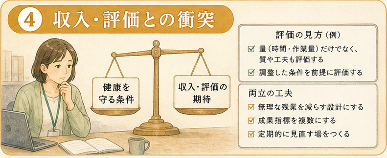 図解1|具体設計項目、健康を守る行動が収入・評価と衝突する。健康時間の問題は生活保障と評価制度の問題を伴い、体調管理だけでは解けない。