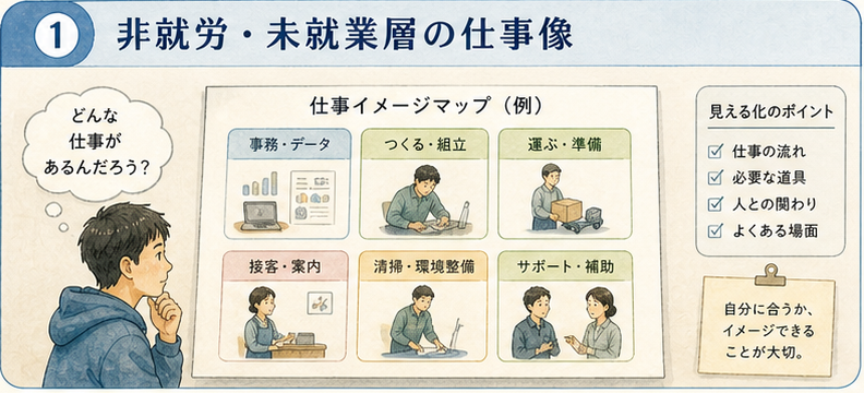 図解1|具体設計項目、非就労中・未就業層と仕事像の空白。仕事像の空白は本人の準備不足ではなく、仕事条件を試し、翻訳する機会の不足として読む。