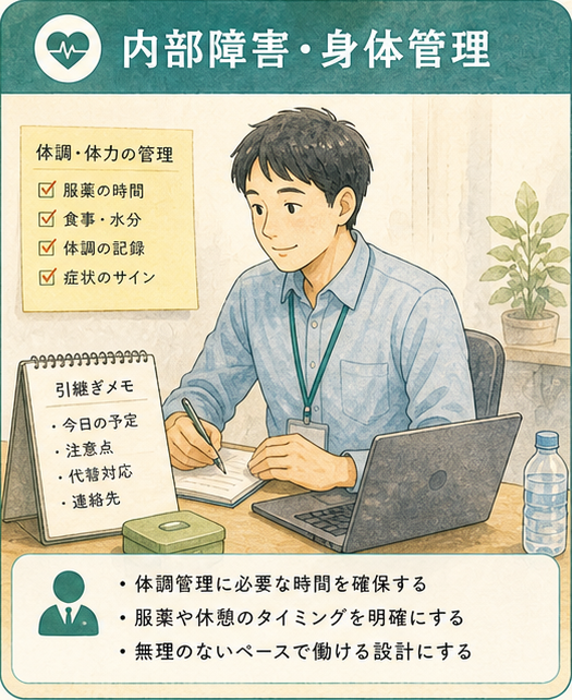 図解1|具体設計項目、内部障害・身体管理が見えにくい時間条件になる。外から見えにくい管理時間は、本人都合ではなく就労継続の前提条件として読む必要がある。