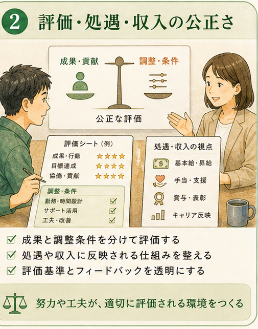 図解1|具体設計項目、評価・処遇・収入の公正さ。働き続ける質は、評価と処遇が健康時間と矛盾しないかに左右される。