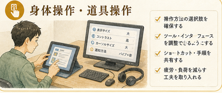 図解1|具体設計項目、身体操作・道具操作へのアクセス。身体条件によるアクセスは、情報形式だけでなく、道具操作と作業接触点の設計として読む。ただし職場内外の移動は別下部構造にも分ける。