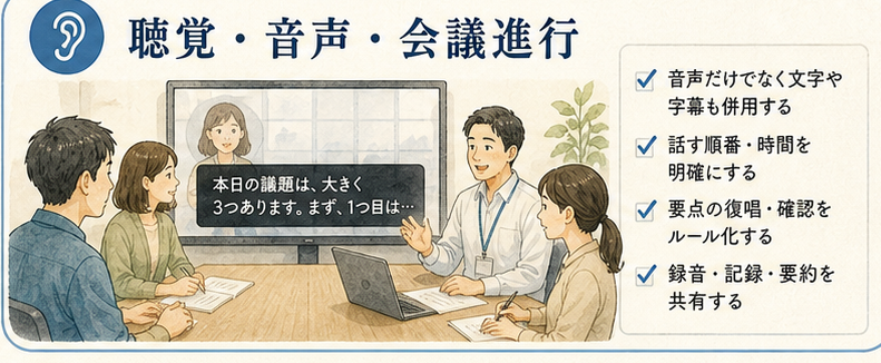 図解1|具体設計項目、聴覚・音声・会議進行へのアクセス。聞こえの問題はコミュニケーション努力ではなく、音声依存の仕事設計として読む。