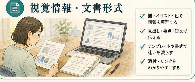 図解1|具体設計項目、視覚情報・文書形式・画面情報へのアクセス。視覚情報へのアクセスは、本人が説明する開示問題ではなく、仕事側の情報形式設計である。