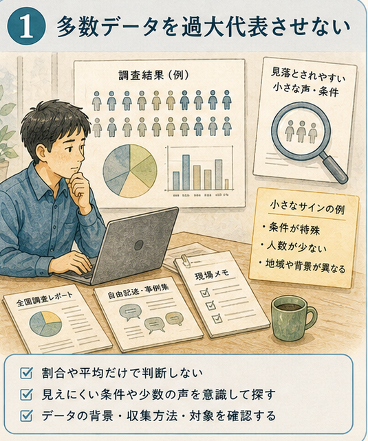 図解1|具体設計項目、多数データに埋もれる違いを残す。件数の多い領域だけで全体像を作らず、視覚・聴覚・移動・就職前参加などの少数でも重要な条件を残す。