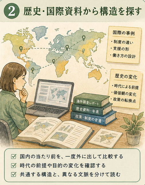 図解1|具体設計項目、国や時代を越えて残る構造を探す。海外資料や過去資料を現行制度の答えとしてではなく、制度や時代が違っても反復する仕事参加の構造を読む材料にする。