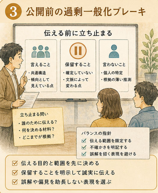 図解1|具体設計項目、発見候補と公開メッセージを分ける。読み取った発見をそのまま一般論にせず、どこまで言えるか、どこから先は確認が必要かを分けて伝える。