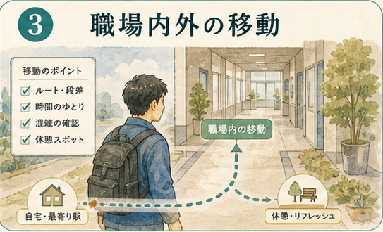 図解1|具体設計項目、職場内移動・職場外移動・通勤接続。移動は単なる移動能力ではなく、環境、道具、勤務場所、勤務頻度、支援接続、健康時間が交差する仕事接触点である。