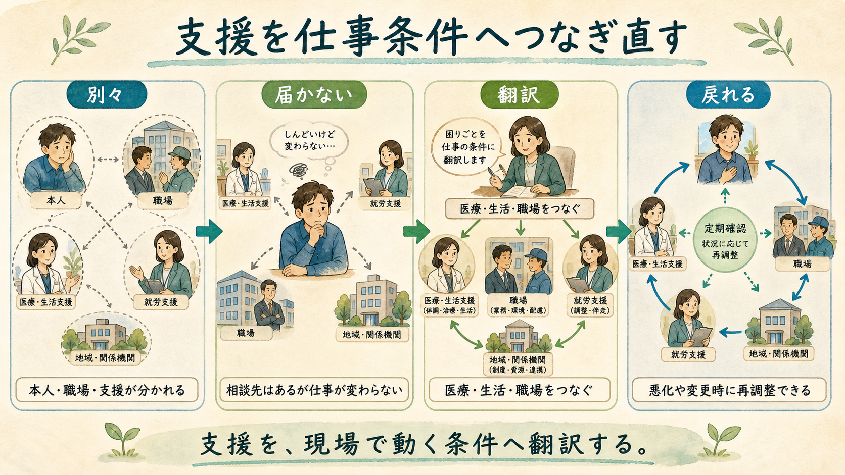 支援を仕事条件へつなぎ直す。本人・職場・支援が別々の状態から、悪化や変更時に再調整できる状態までを示す図解カード。
