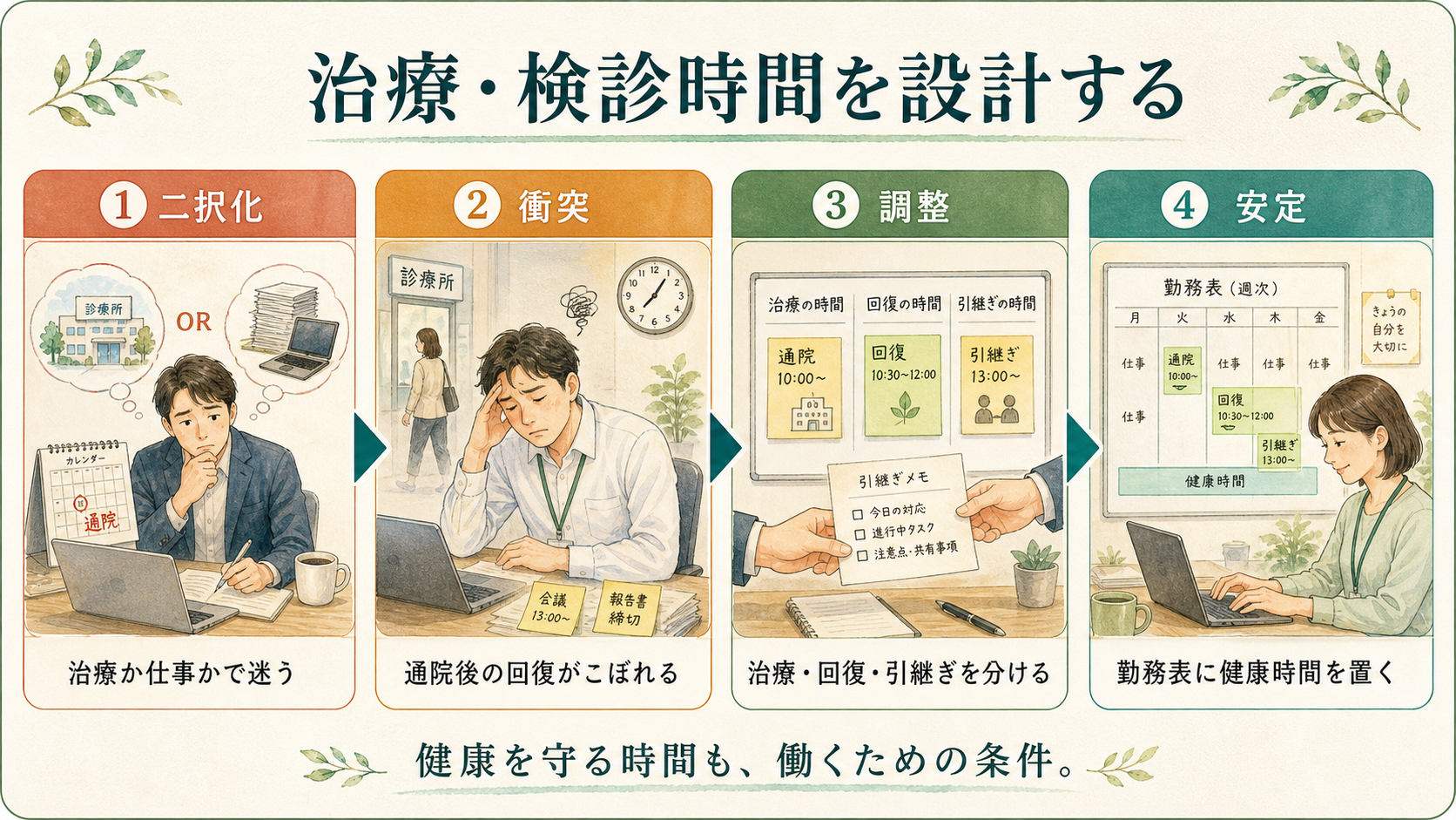 治療・検診時間を設計する。治療か仕事かの二択から、勤務表に健康時間を置く状態までを示す図解カード。