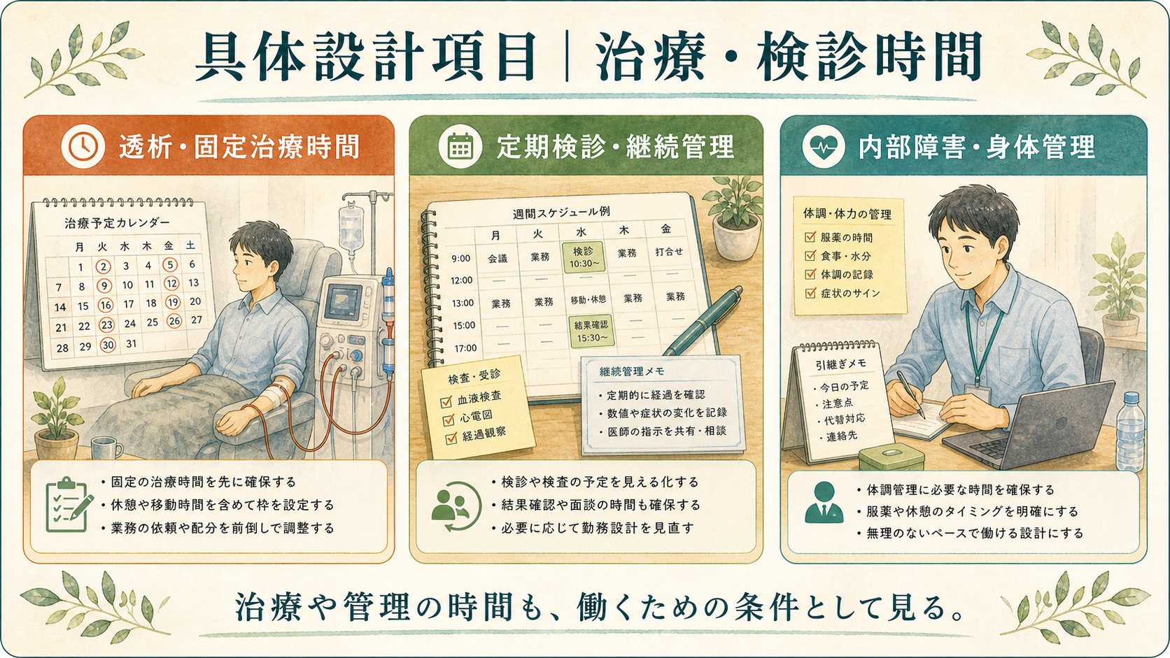 具体設計項目、治療・検診時間。透析・固定治療時間、定期検診・継続管理、内部障害・身体管理を示す図解ボード。