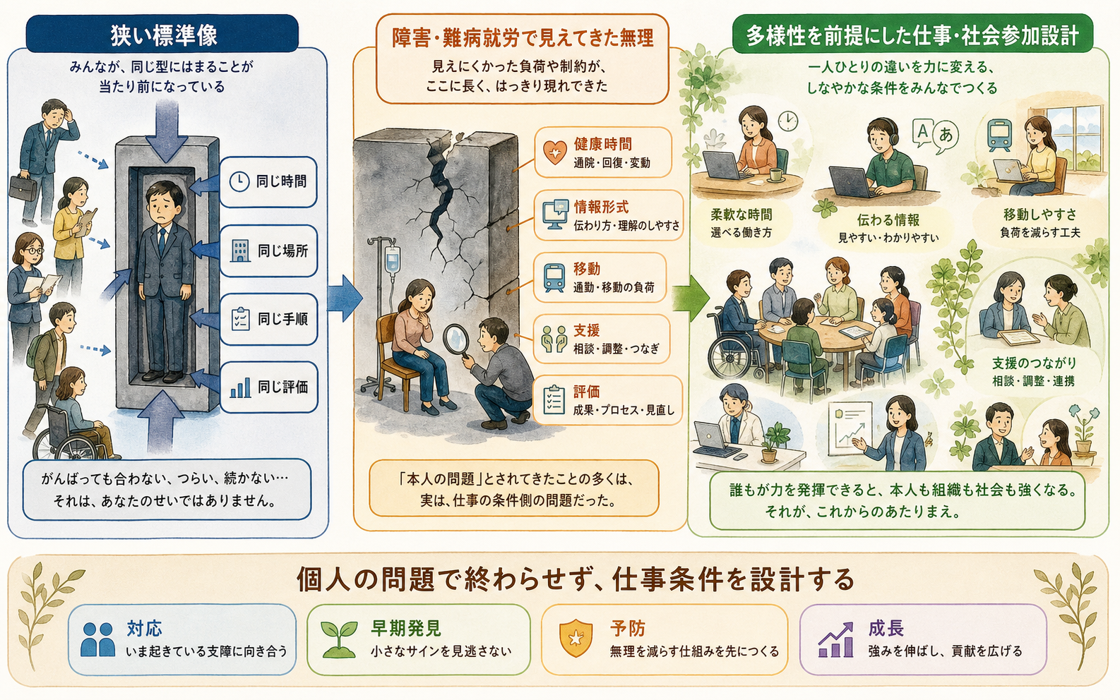狭い標準像から多様性を前提にした仕事・社会参加設計へ読み替える図。障害・難病就労で見えてきた無理を、健康時間、情報形式、移動、支援、評価の仕事条件として整理する。