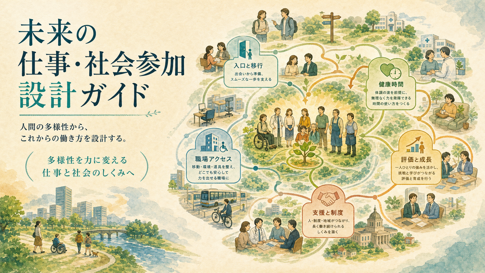 未来の仕事・社会参加設計ガイド。仕事、生活、健康、職場アクセス、評価と成長、支援と制度をつなぐ水彩調の関係地図。