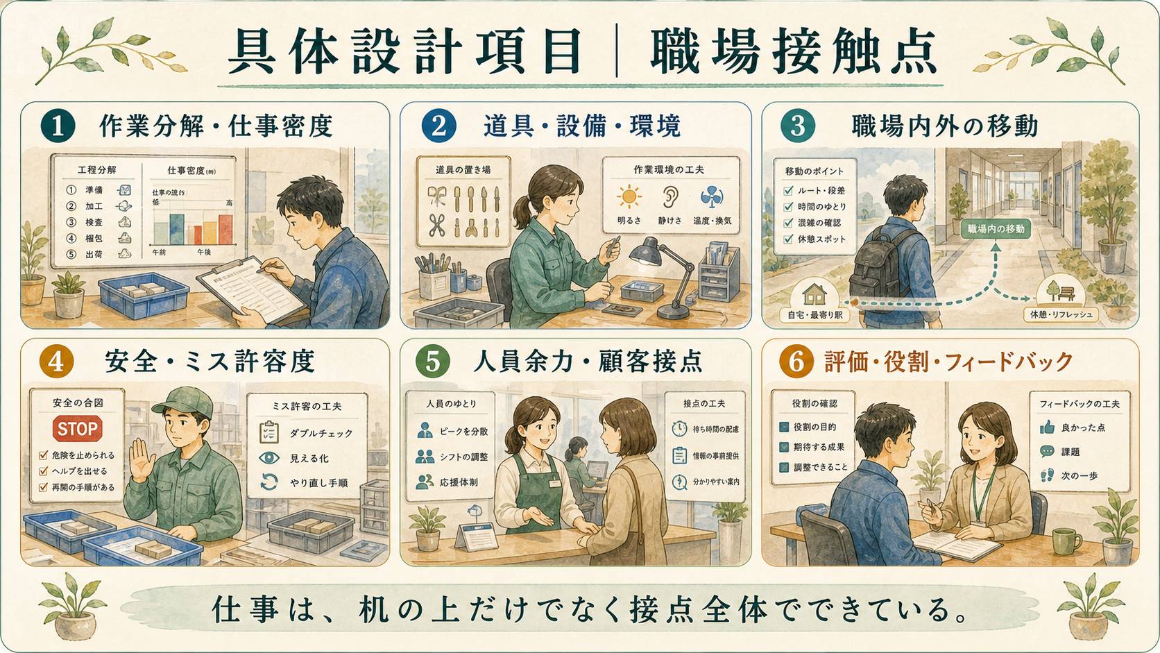 具体設計項目、職場接触点。作業分解・仕事密度、道具・設備・環境、職場内外の移動、安全・ミス許容度、人員余力・顧客接点、評価・役割・フィードバックを示す図解ボード。