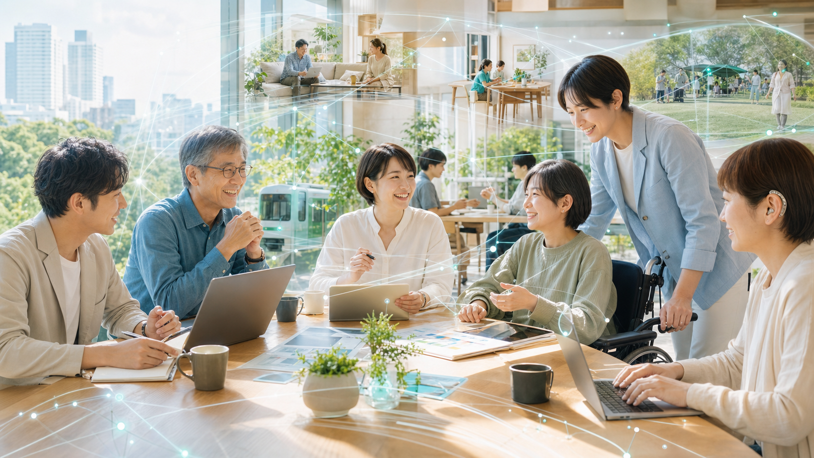 明るい場で多様な人々の仕事、生活、移動、支援の関係がAI時代のmanifoldとして重なって見えるビジュアル