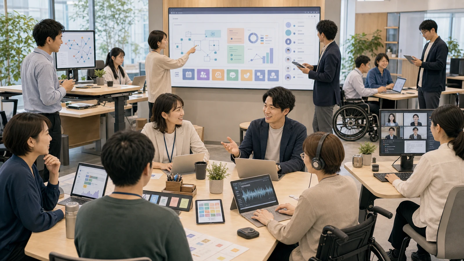 AI時代の仕事OSで障害者雇用が特別でなくなる架空企業のニュース用コラージュ