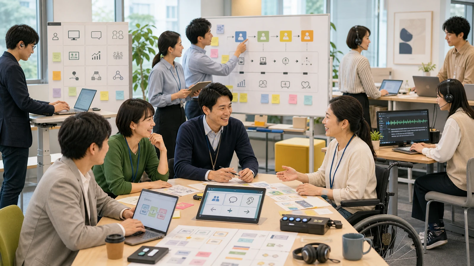 障害者雇用をワークデザイン実装チームへ変える架空企業のニュース用コラージュ