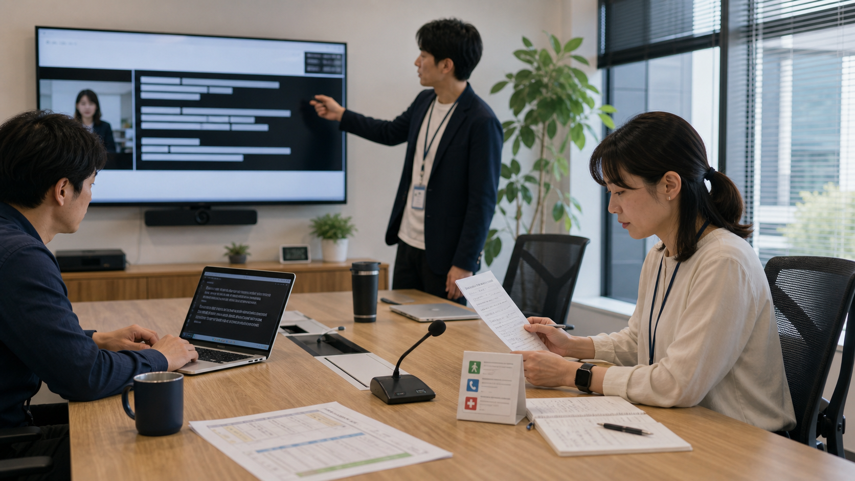 字幕画面、紙資料、緊急連絡カードを使う会議室の架空記事用の写真