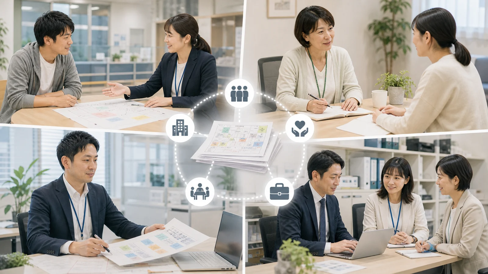日本型IPSの支援機関、医療機関、企業を別々の場面でつなぐ架空ニュース用コラージュ