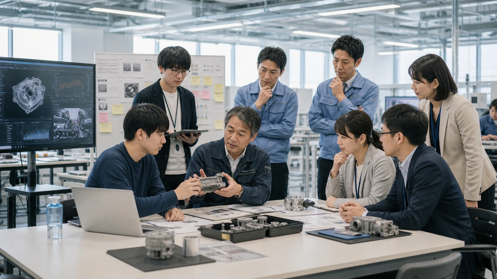 大学院と連携したニューロダイバーシティ採用で若手候補者とベテラン専門職が試作品を見ながら話す架空企業のニュース写真