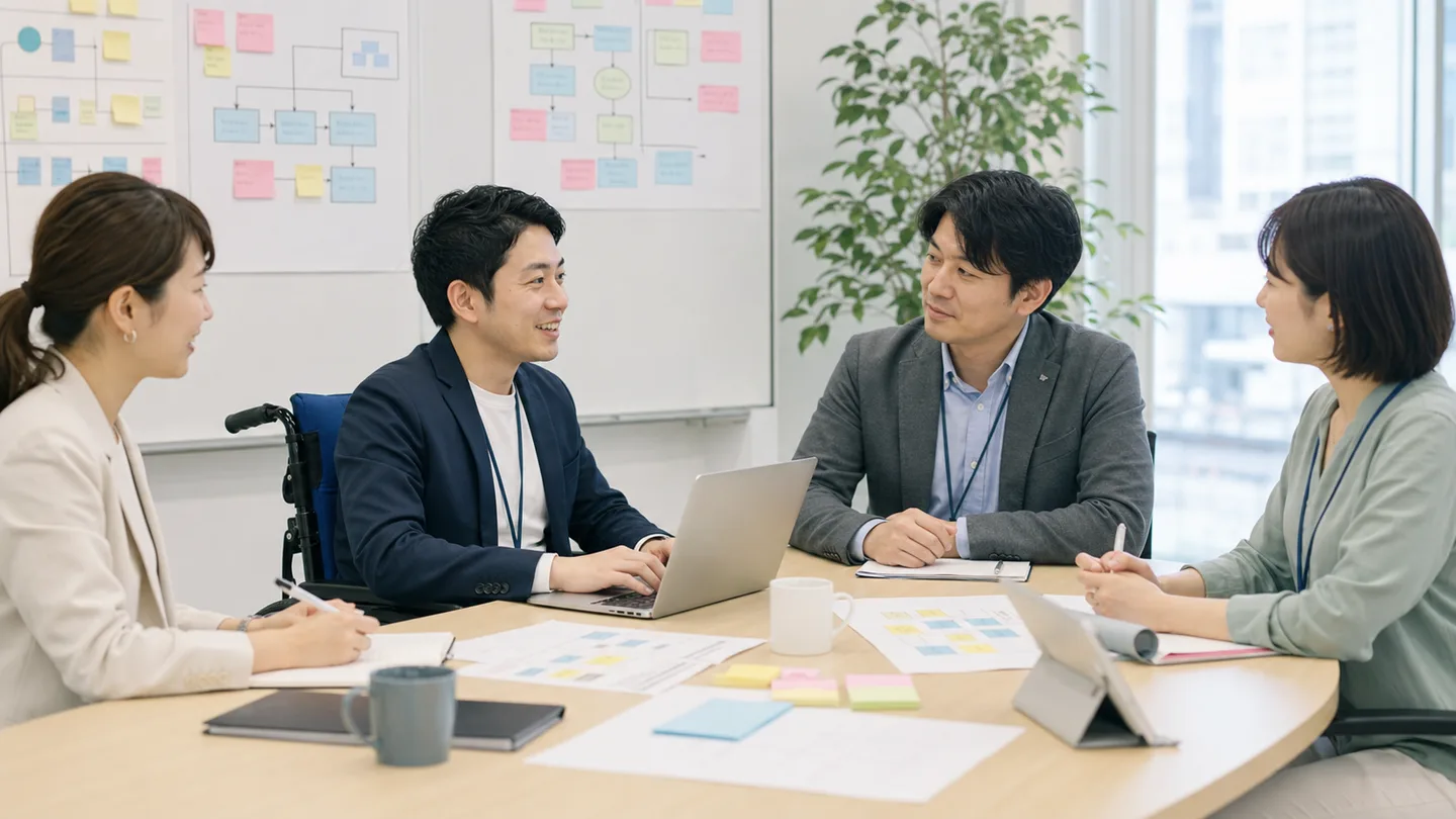 合理的配慮を標準手続きとして整える架空企業の会議風景