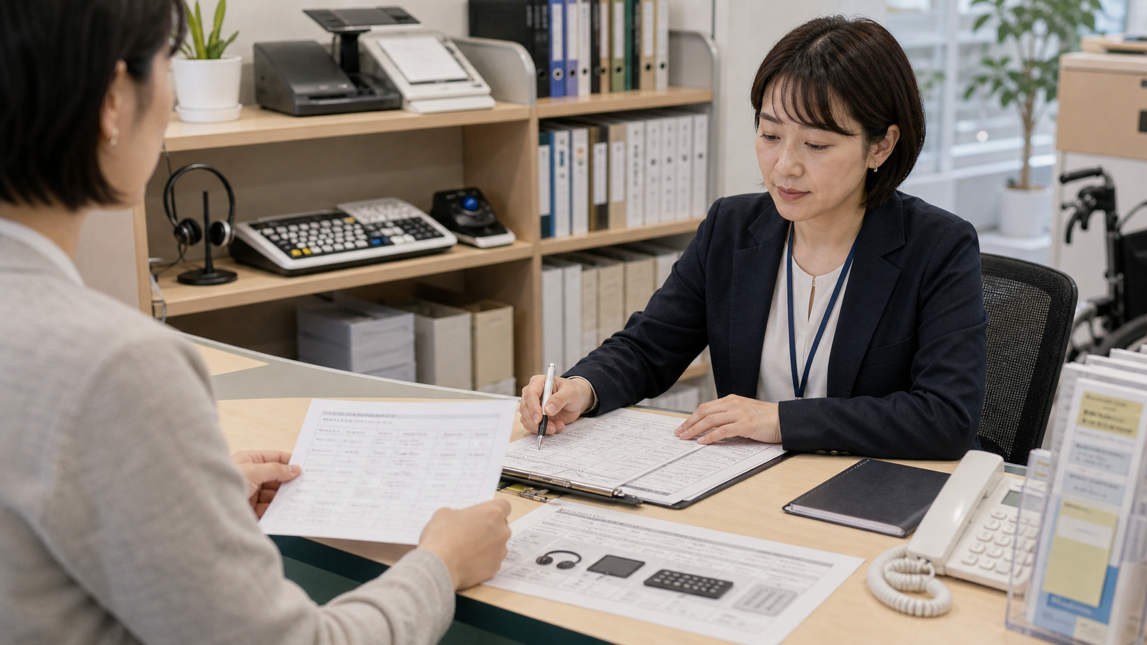 社内の配慮相談窓口で支援機器と実装書類を確認している架空記事用の写真